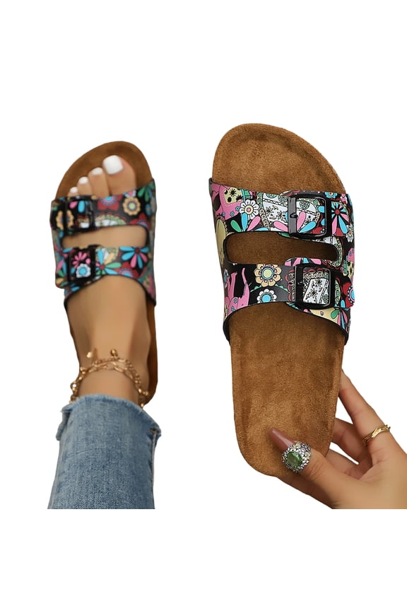 Arch Support Footbed Sandals for Women & Men, Adjustable Double Buckle Comfort Sandals, Cork-Style Cushioned Sole, Casual Walking Slides for Everyday Wear
