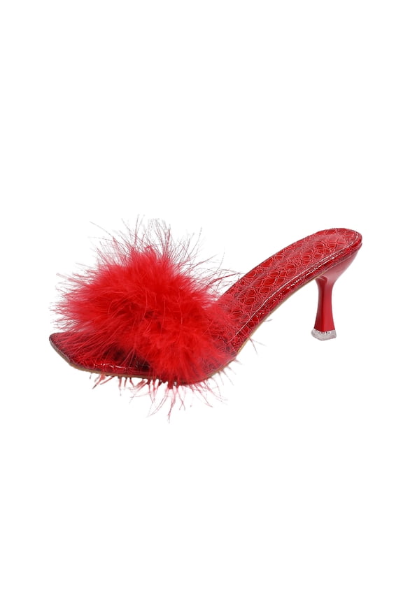 Black Furry Heels, Sexy Kitten Heeled Fluffy Slippers, Fur Heels for Lingerie Indoor Valentine's Day
