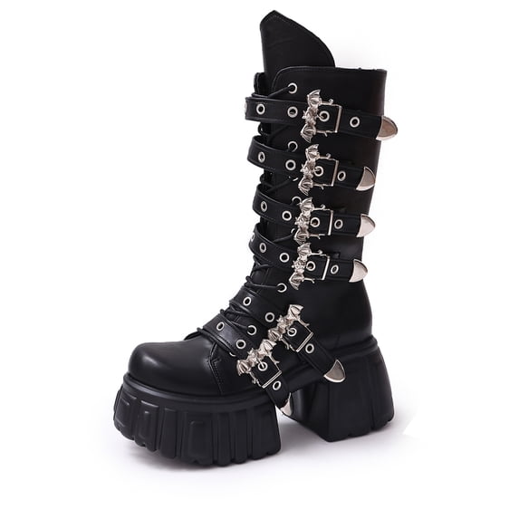 SACFOF Black Platform Goth Boots for Women Studded Wide Mid Calf Combat Punk Boots Round Toe Buckle Chunky Heel Back Zipper Thick Sole Ankle Booties