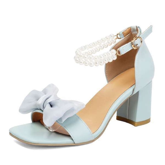 SACFOF Blue Bow Women Heel Chunky Wedding Shoes for Bride 2.25 Inch Heel Open Square Toe Ankle Buckle Comfortable Fashion Shoe Party Graduation Event 2026