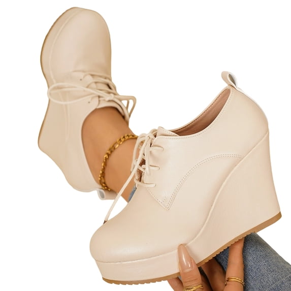 SACFOF Women's Ankle Boots Wedge Platform Bootie Round Toe Lace up Wedge Heels Boots 3.8 Inch Warm Boots for Party Evening Shoes