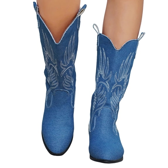 SACFOF Cowboy Boots For Women - Western Cowgirl Boots Mid Calf Chunky Heel Booties Pointed Toe Country Shoes