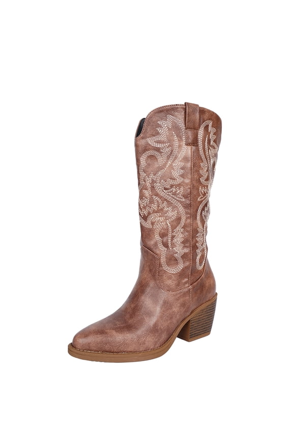 Cowboy Boots For Women Western Cowgirl Boots Mid Calf Snip Toe Boot With Chunky Heel