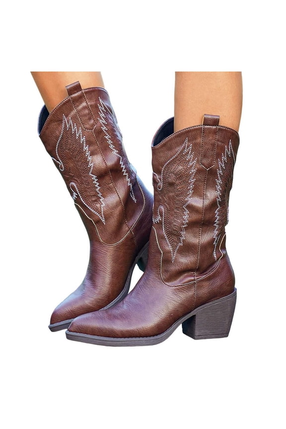 Cowboy Boots For Women - Western Mid-Calf Cowgirl Boots - Wide Calf Pointed Toe Embroidered Fashion Western Chunky Pull On