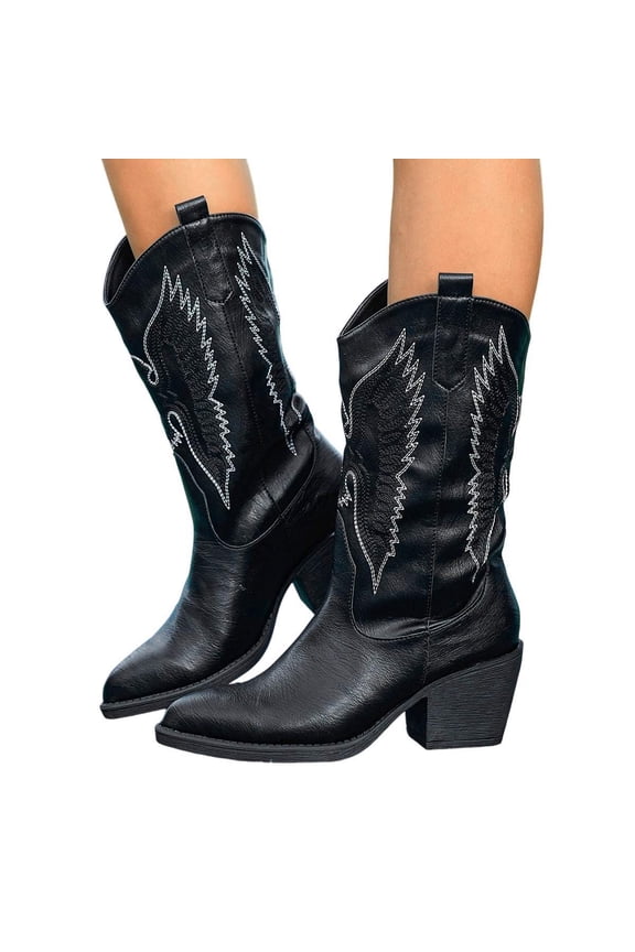 Cowboy Boots For Women - Western Mid-Calf Cowgirl Boots - Wide Calf Pointed Toe Embroidered Fashion Western Chunky Pull On
