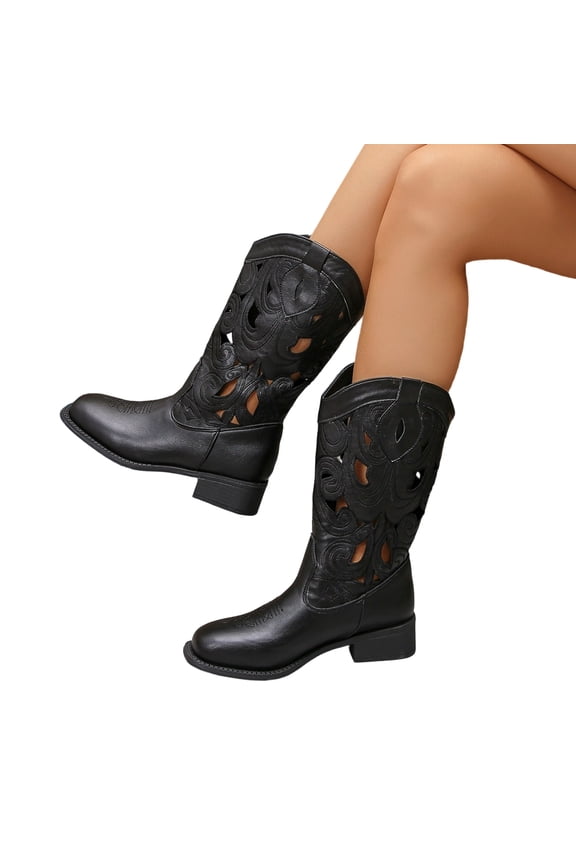 Cowboy Boots Women Cutouts Western Cowgirl Boot Embroidered Leather Boots Chunky Heel Fashion Vintage Mid Calf Boot