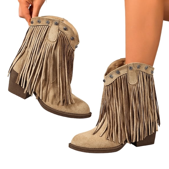 SACFOF Cowboy Boots for Women Ankle Western Fringe Booties Low Heel Rivet Boots