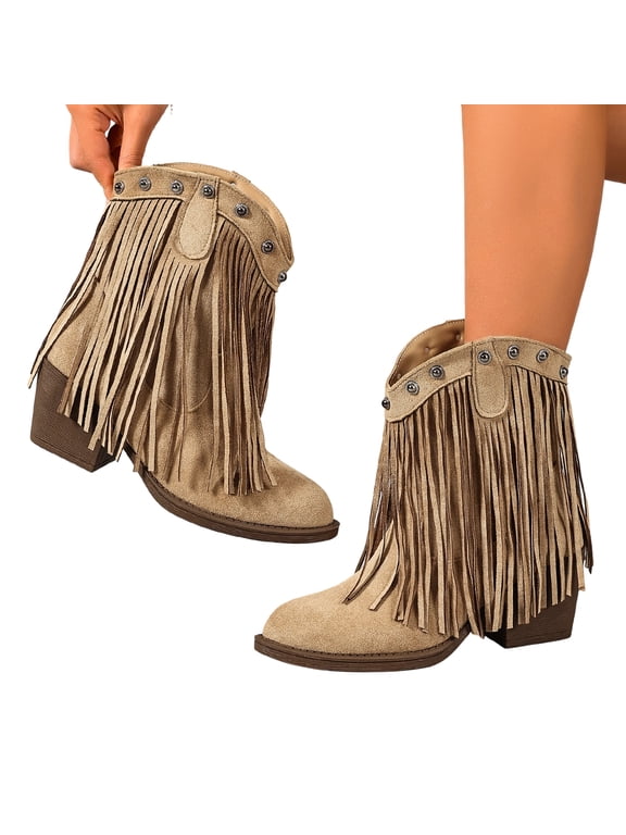 Cowboy Boots for Women Ankle Western Fringe Booties Low Heel Rivet Boots
