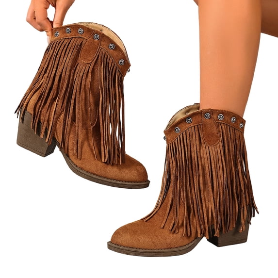 SACFOF Cowboy Boots for Women Ankle Western Fringe Booties Low Heel Rivet Boots