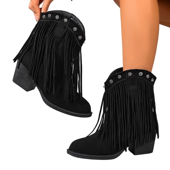 SACFOF Cowboy Boots for Women Ankle Western Fringe Booties Low Heel Rivet Boots