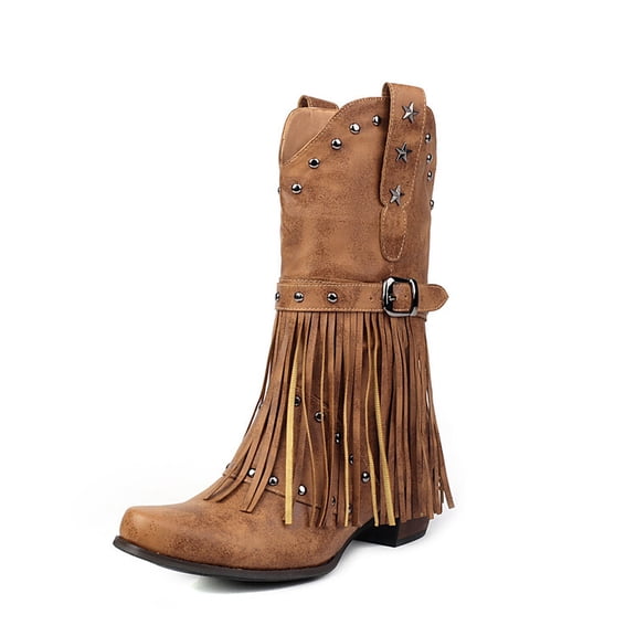 SACFOF Cowboy Boots for Women Cowgirl with Fringe Star Studded Pointed Toe Chunky Heel Pull-On Western Country Boot