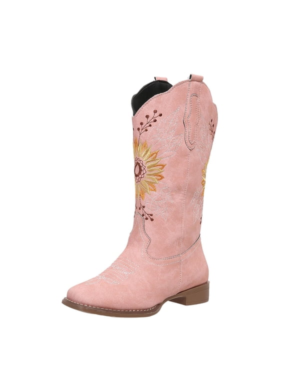 Cowboy Boots for Women Square Toe Sunflower Cowgirl Boots Mid Calf Western Embroidered Stitched Low Heel Boots
