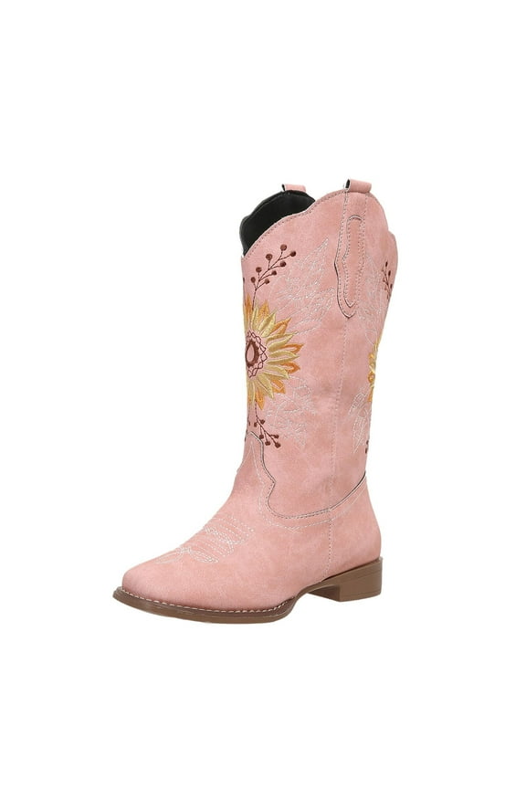 Cowboy Boots for Women Square Toe Sunflower Cowgirl Boots Mid Calf Western Embroidered Stitched Low Heel Boots