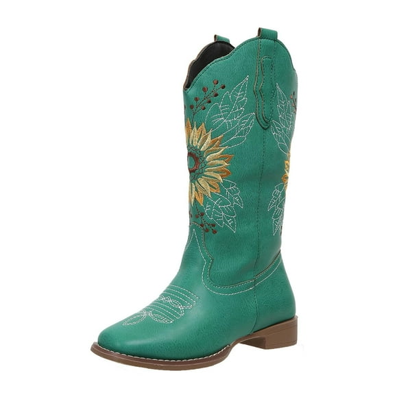 SACFOF Cowboy Boots for Women Square Toe Sunflower Cowgirl Boots Mid Calf Western Embroidered Stitched Low Heel Boots
