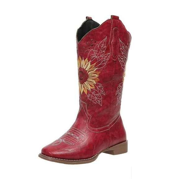 SACFOF Cowboy Boots for Women Square Toe Sunflower Cowgirl Boots Mid Calf Western Embroidered Stitched Low Heel Boots