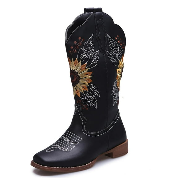 SACFOF Cowboy Boots for Women Square Toe Sunflower Cowgirl Boots Mid Calf Western Embroidered Stitched Low Heel Boots