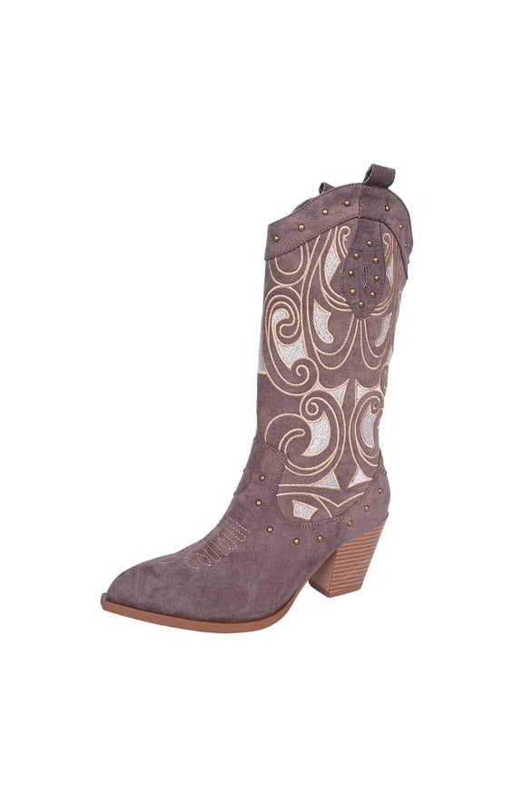 Cowgirl Boots Women Chunky Heel Knee High Cowboy Boots Mid Calf with Chunky Heel Retro Embroidery Western Boots