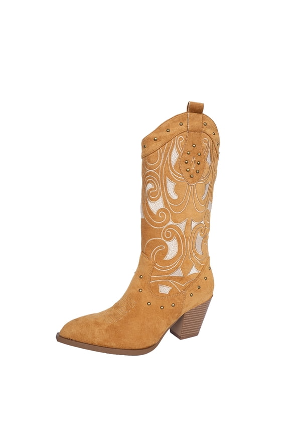 Cowgirl Boots Women Chunky Heel Knee High Cowboy Boots Mid Calf with Chunky Heel Retro Embroidery Western Boots