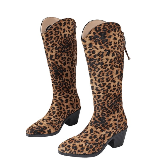 SACFOF Cowgirl Boots Women Knee High Boots Pointed Toe and Block Heel Cowboy Suede and Faux Leather Boots