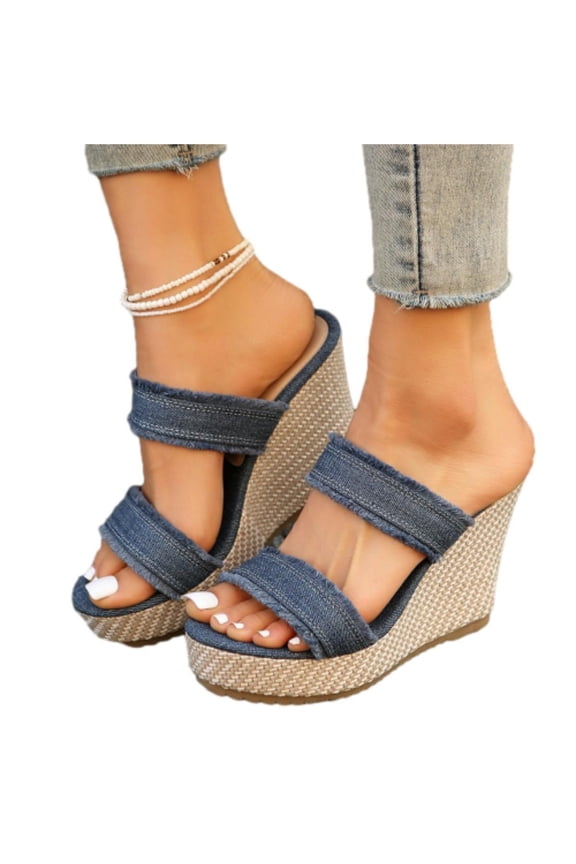 Denim Slip On Wedge Sandals for Women Platform Slip On Open Toe Mules Double Strap Summer Slippers Backless High Heels Slide Sandals