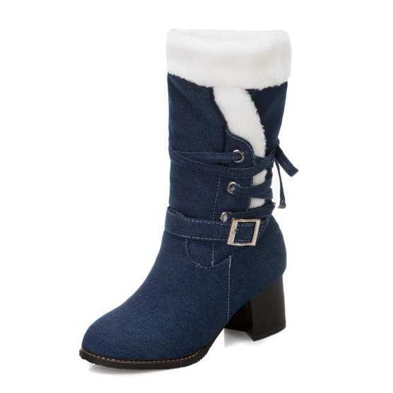 SACFOF Fashion Chunky Heel Mid Calf Boots Buckle Fur Lace Up Chunky Block Mid Heels Snow Boots