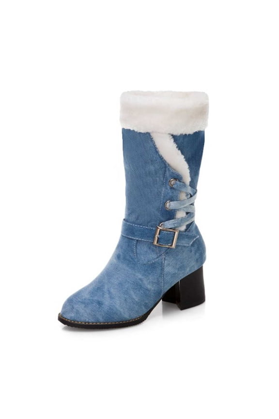 Fashion Chunky Heel Mid Calf Boots Buckle Fur Lace Up Chunky Block Mid Heels Snow Boots