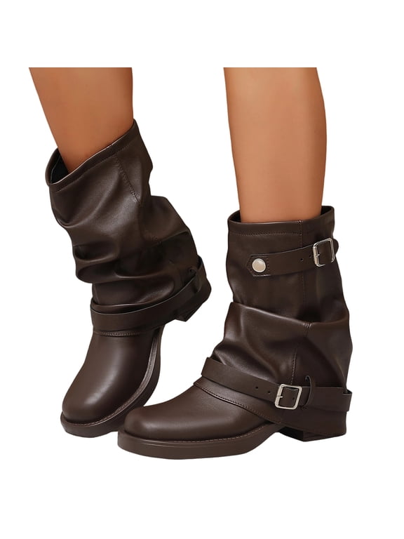 Fold Over Mid Calf Boots for Women Festival Trendy Y2K Round Toe Slouchy Boots Buckle Moto Biker Short Boots Platform Chunky Block Heel Shark Ankle Boots Vintage Casual Club