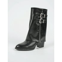 SACFOF Fold Over Boots for Women Overlay Knee High Boot Black Wide Calf Platform Round Toe Chunky Low Heel Tall Boots Cowboy Biker Motorcycle Boots