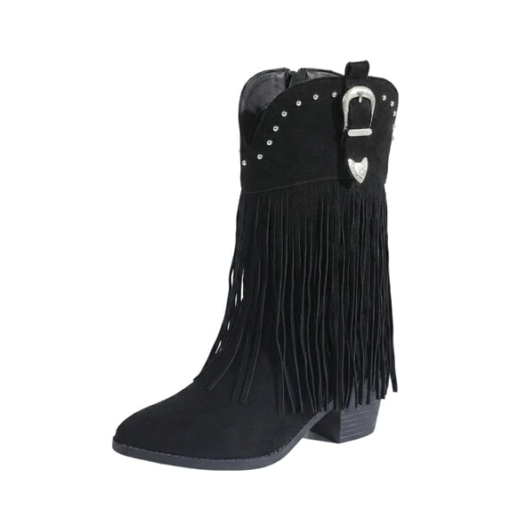 SACFOF Fringe Cowboy Boots for Women Wide Mid Calf Cowgirl Boots with Studded, Pointed Toe Chunky Heel Trendy Western Boot