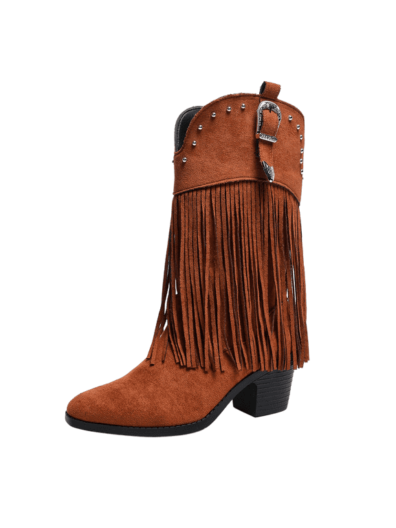 Fringe Cowboy Boots for Women Wide Mid Calf Cowgirl Boots with Studded, Pointed Toe Chunky Heel Trendy Western Boot