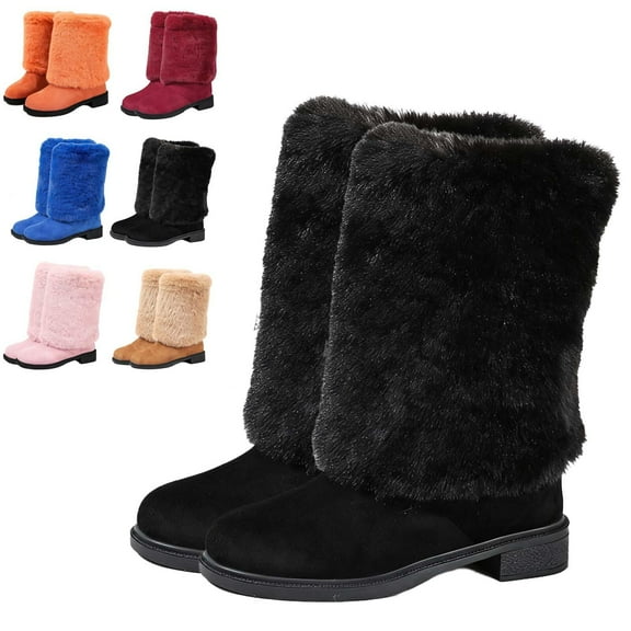 SACFOF Fur Boot for Women Comfortable Fuzzy Knee High Boots Round Toe Warm Snow Boots Fashion Winter Boots Y2K