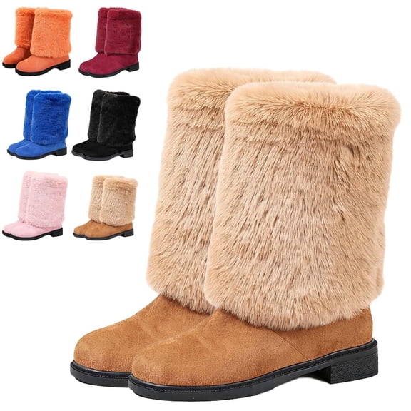 SACFOF Fur Boot for Women Comfortable Fuzzy Knee High Boots Round Toe Warm Snow Boots Fashion Winter Boots Y2K