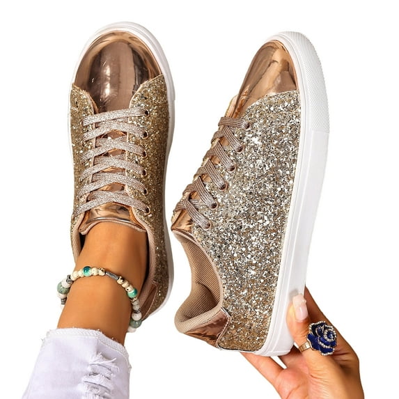 SACFOF Glitter Sparkly Low Top Sequins Lace Up Tennis Shoes Comfort Bling Fashion Shiny Walking Shoes