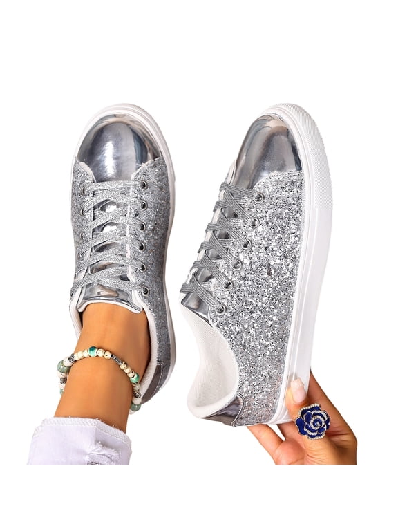 Glitter Sparkly Low Top Sequins Lace Up Tennis Shoes Comfort Bling Fashion Shiny Walking Shoes