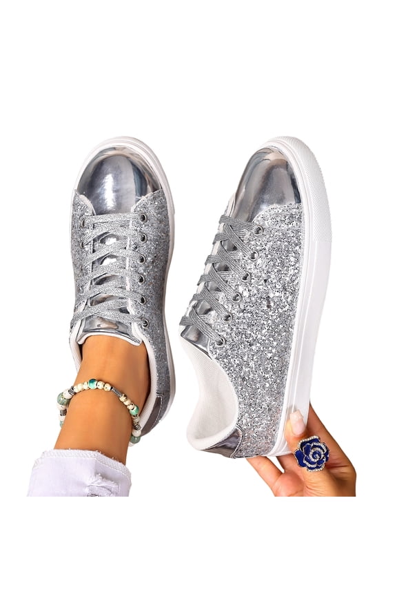 Glitter Sparkly Low Top Sequins Lace Up Tennis Shoes Comfort Bling Fashion Shiny Walking Shoes