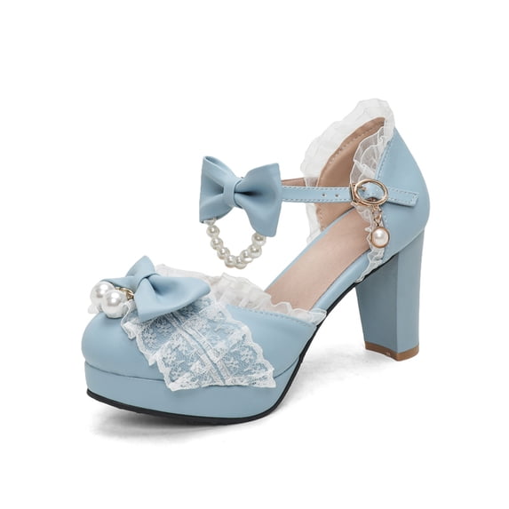 SACFOF Kawii Shoes Bow Pearl Heels Lolita Platform Heels for Women Lace Cute Mary Janes Pumps