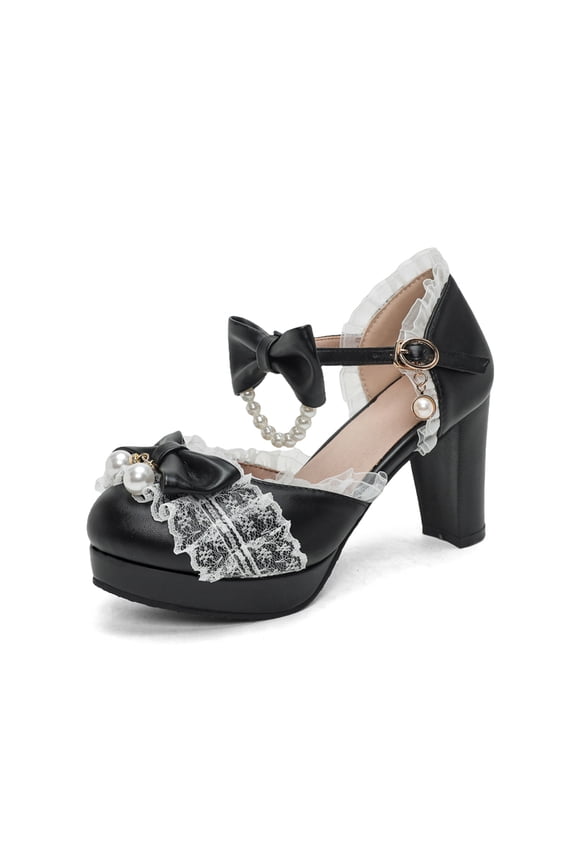 Kawii Shoes Bow Pearl Heels Lolita Platform Heels for Women Lace Cute Mary Janes Pumps