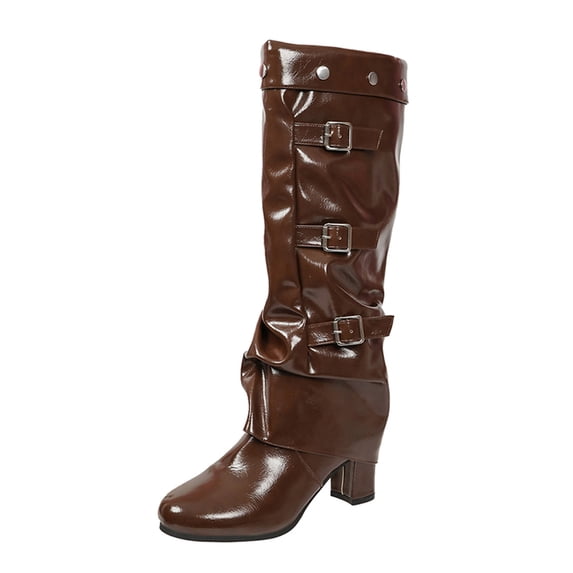 SACFOF Knee High Boots Women Fall Slouchy Fold Over Tall Boots Round Toe Chunky Heel Pleated Fold Over Knee High Boot