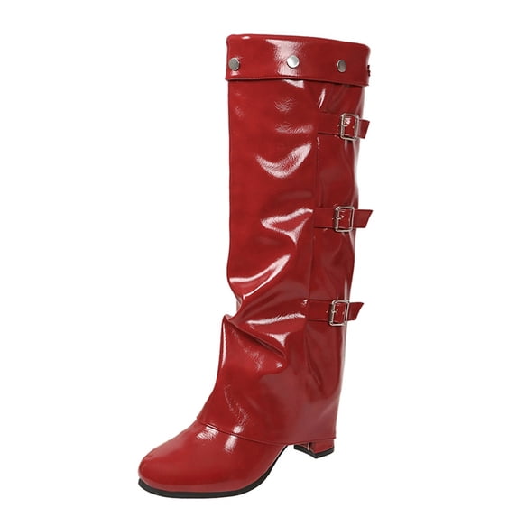 SACFOF Knee High Boots Women Fall Slouchy Fold Over Tall Boots Round Toe Chunky Heel Pleated Fold Over Knee High Boot