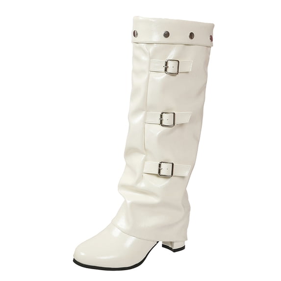 SACFOF Knee High Boots Women Fall Slouchy Fold Over Tall Boots Round Toe Chunky Heel Pleated Fold Over Knee High Boot