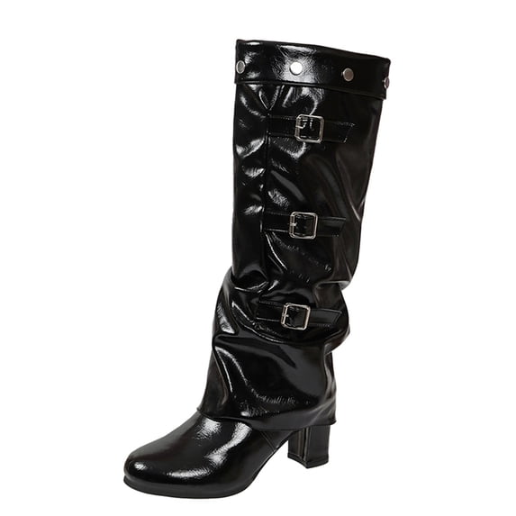 SACFOF Knee High Boots Women Fall Slouchy Fold Over Tall Boots Round Toe Chunky Heel Pleated Fold Over Knee High Boot
