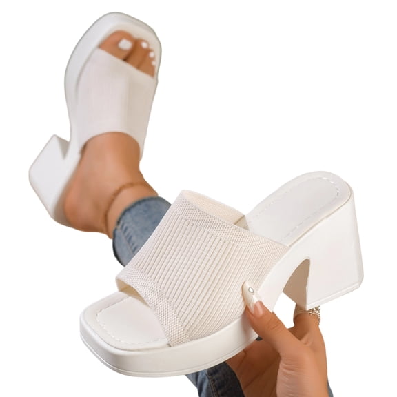 SACFOF Knit Heeled Sandals for Women, Comfortable Fashion Summer Sexy Open Toe Increase Height Slip On Beach Block Heel Slippers for Outdoor Indoor Party