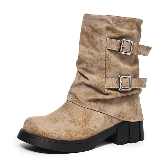 SACFOF Mid Calf Boots For Women with a Wide Toe Box Motorcycle Biker Riding Boots with Buckles Round Toe Dress Boots with Low Chunky Heel