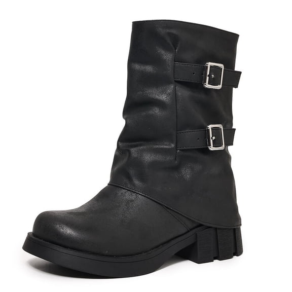 SACFOF Mid Calf Boots For Women with a Wide Toe Box Motorcycle Biker Riding Boots with Buckles Round Toe Dress Boots with Low Chunky Heel