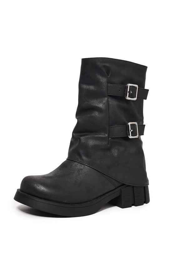 Mid Calf Boots For Women with a Wide Toe Box Motorcycle Biker Riding Boots with Buckles Round Toe Dress Boots with Low Chunky Heel