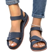SACFOF Orthopedic Wide Sandals for Women 2026 Dressy Strappy Arch Support Flat Wedge Sandals Women Open Toe Ankle Strap Comfortable Platform Slip-On Walking Shoes for Summer Beach Casual