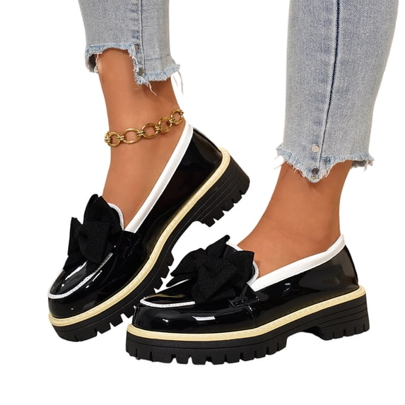 SACFOF Patent Leather Bow Loafers for Women Comfort Round Toe Slip On Anti Slip Low Chunky Heel Penny Loafers for Work Daily Casual Dressy