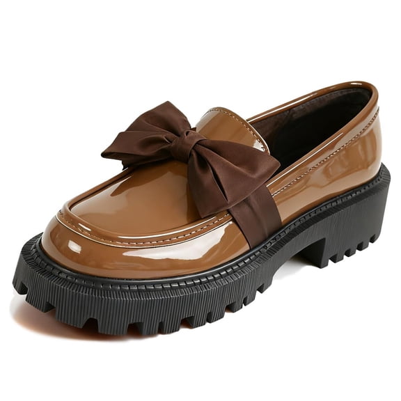 SACFOF Patent Leather Loafers for Women Slip-On Platform Chunky Heel Bow Loafers Dress Oxfords Shoes Casual Business Work Shoes