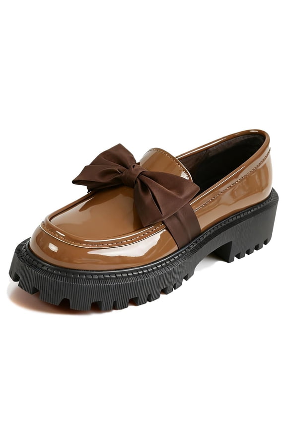 Patent Leather Loafers for Women Slip-On Platform Chunky Heel Bow Loafers Dress Oxfords Shoes Casual Business Work Shoes