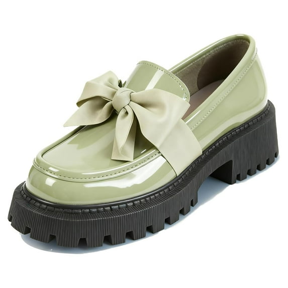 SACFOF Patent Leather Loafers for Women Slip-On Platform Chunky Heel Bow Loafers Dress Oxfords Shoes Casual Business Work Shoes